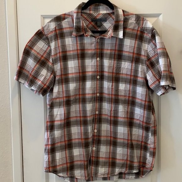 🍂 Men's Burnt Sienna Brown White Plaid Tartan Button Up Short Sleeve Shirt - XL - Picture 1 of 9